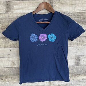 Life Is Good V Neck T-Shirt Top Womens XS READ Floral Roses Navy Blue Cap Sleeve